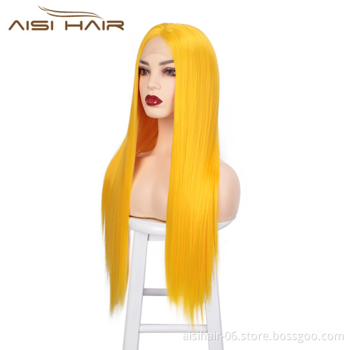 Aisi Hair 26 Inch Long Silky Straight Yellow Wig Cosplay Swiss Lace Wig Middle Part Synthetic Lace Front Wigs For Black Women